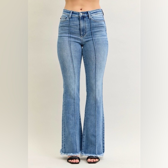 Judy Blue High Waist Flare Fray Hem Jeans with Front Pintuck Detail - Picture 1 of 7